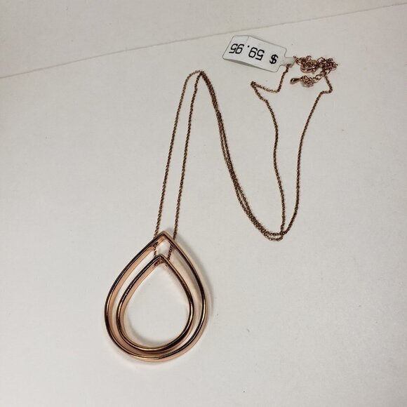 Rose Gold-Tone Teardrop Pendant Necklace – Double Hoop Design, Elegant - Women - Picture 9 of 12